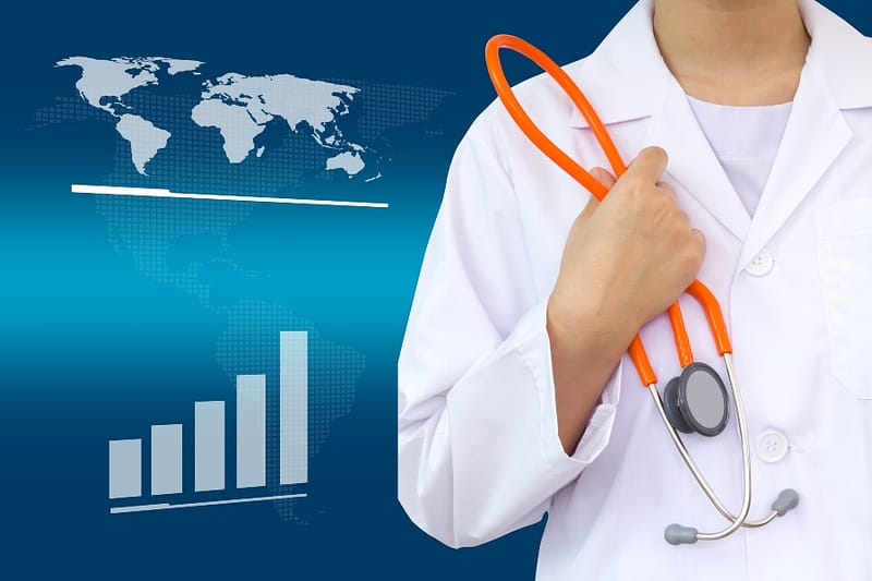 A doctor holding a stethoscope and a globe, symbolizing global healthcare and the doctor's profession.